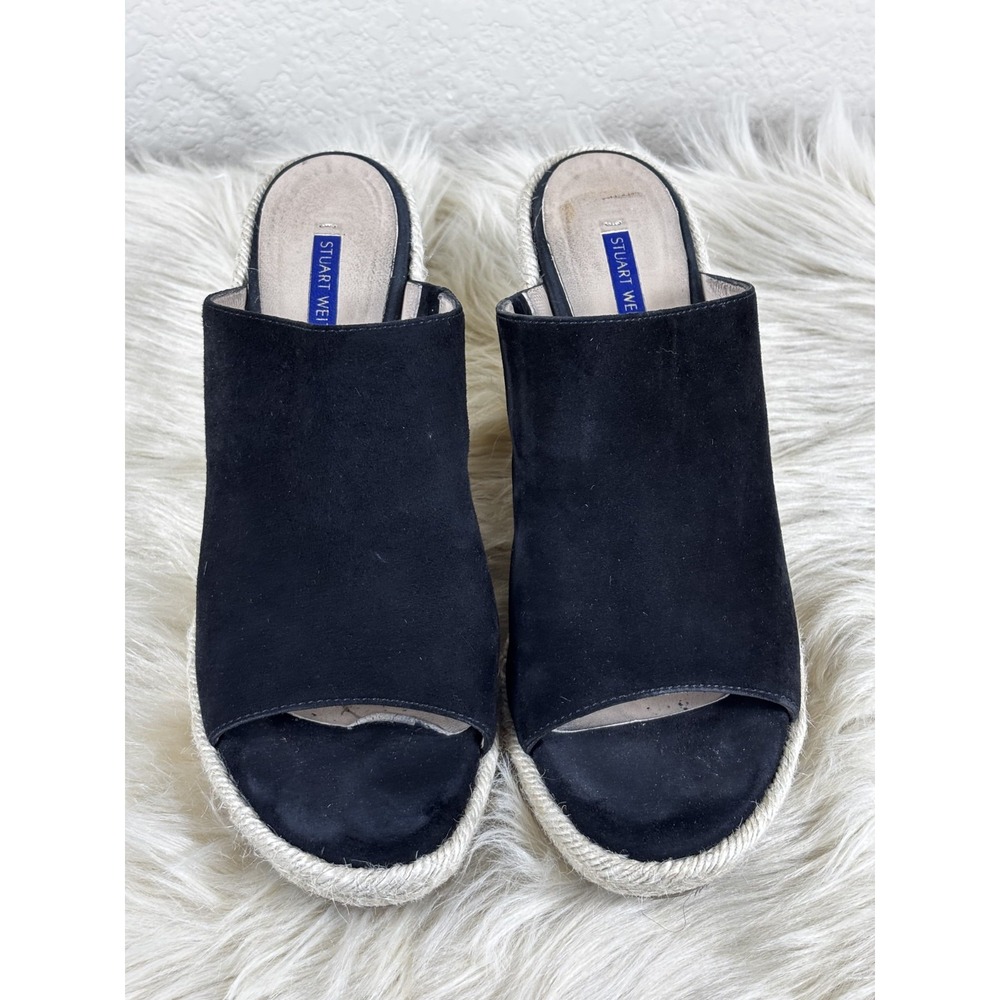 Stuart Weitzman Marabella Wedge Mules Women's 9.5 Black Suede Espadrille - Picture 6 of 8